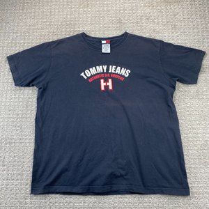 Vintage Tommy Jeans Shirt Men XL Faded Navy Blue Spell Out Felt Logo Hilfiger